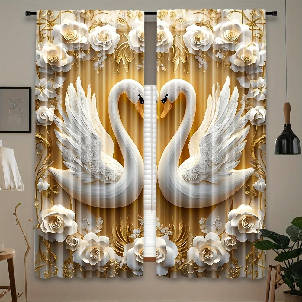 

2pcs Elegant White Floral & Swan Curtains with Gold Accents – Rod Pocket Sheer for Living Room Bedroom & Study All-Season Decor 100*130 HOOK 1pcs