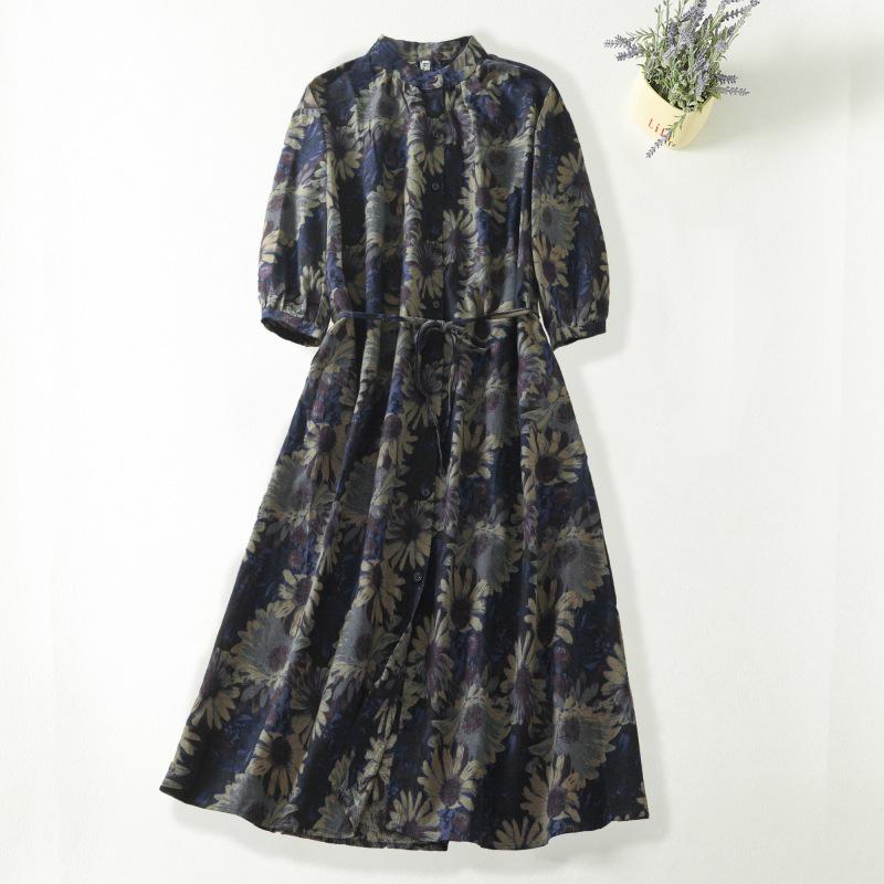

2026 Spring Ethnic Style Retro Print V-Neck Three-Quarter Sleeve Cotton Linen Dress for Women XL