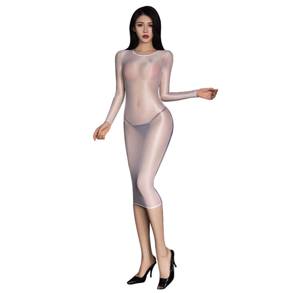 Sexy Women Sheer See Through Bodycon Micro Mini Dress Oil Glossy Shiny Tight Dress Female Glossy High Elastic Hip Up Dress