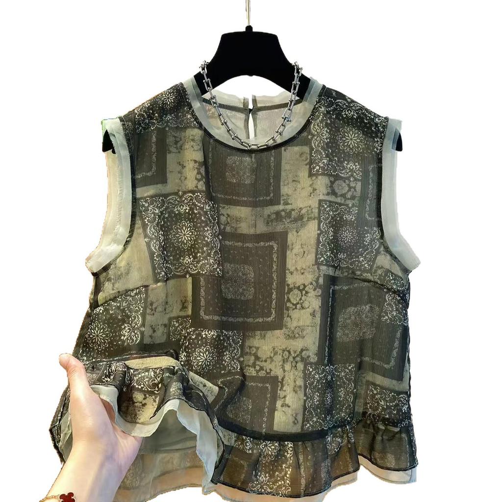 Retro Ethnic Style Sleeveless Chiffon Top Women's 1116 Summer New Loose Huge Good-looking Ruffle Edge Shirt Vest