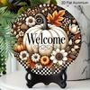 2D Flat Aluminum Decorative Plaques and Ornaments Sign, Welcome White Pumpkin Fall Floral Ornament, Black Checkered Farmhouse Wall Decor, Indoor
