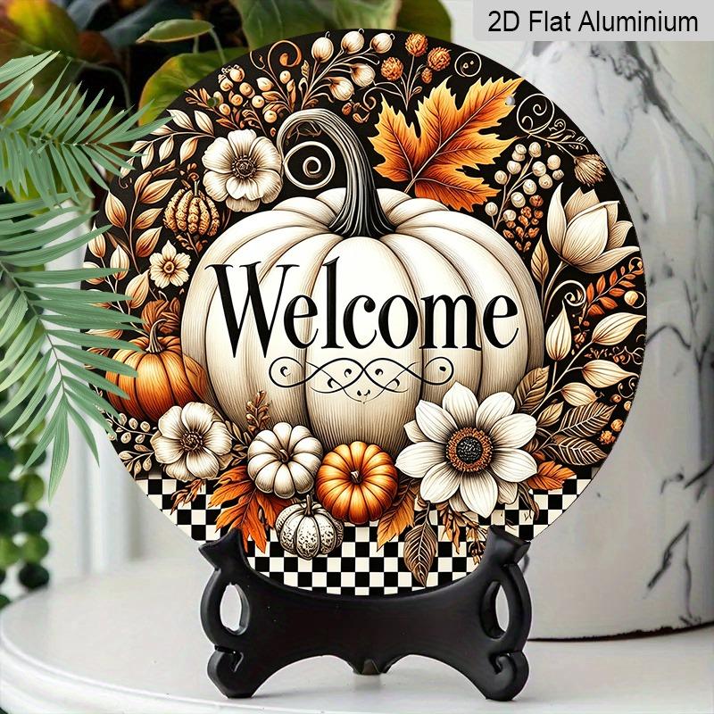 2D Flat Aluminum Decorative Plaques and Ornaments Sign, Welcome White Pumpkin Fall Floral Ornament, Black Checkered Farmhouse Wall Decor, Indoor