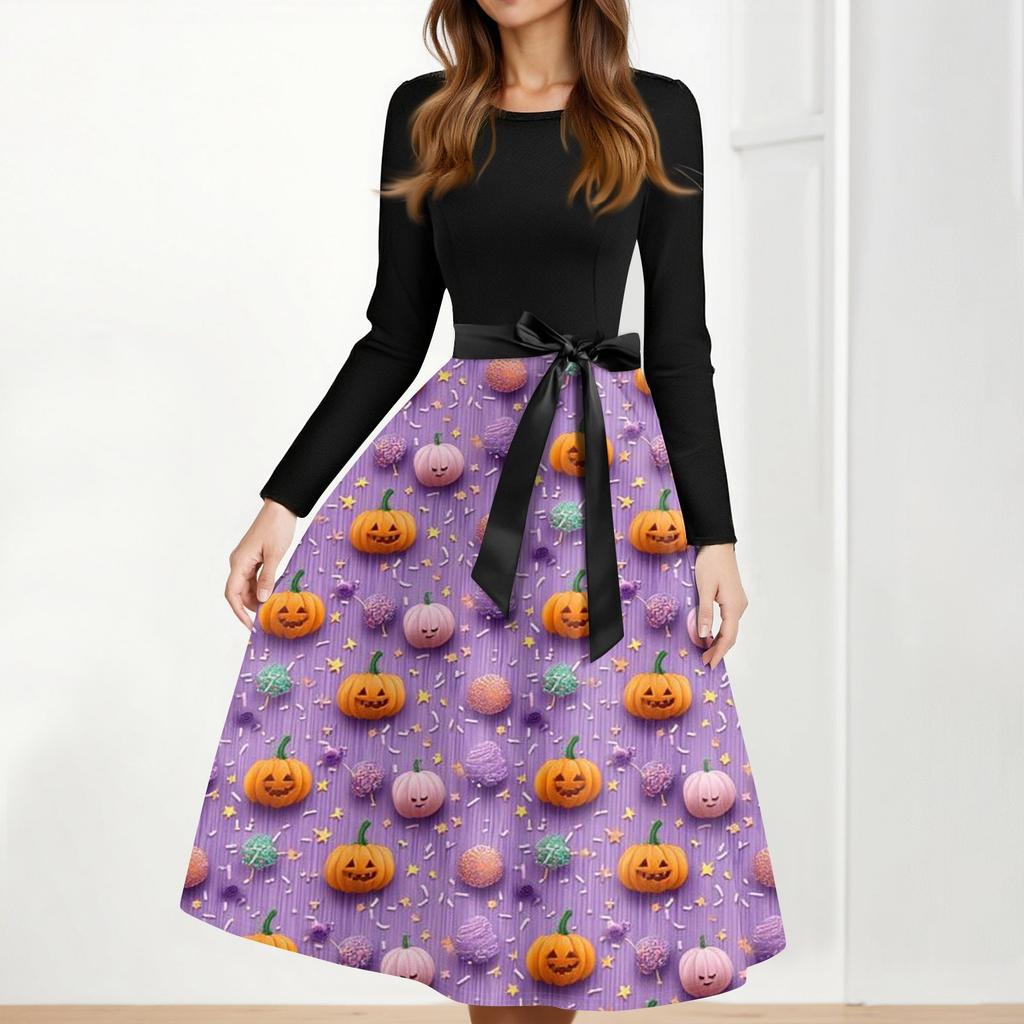 Women's Casual Fashion Halloween Printed Round Neck Vintage Dress