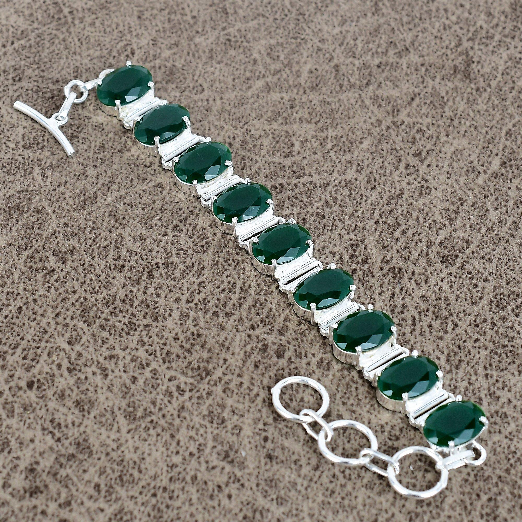 

Green Onyx Gemstone Handmade 925 Sterling Silver Bracelet 7-8 KKG-134