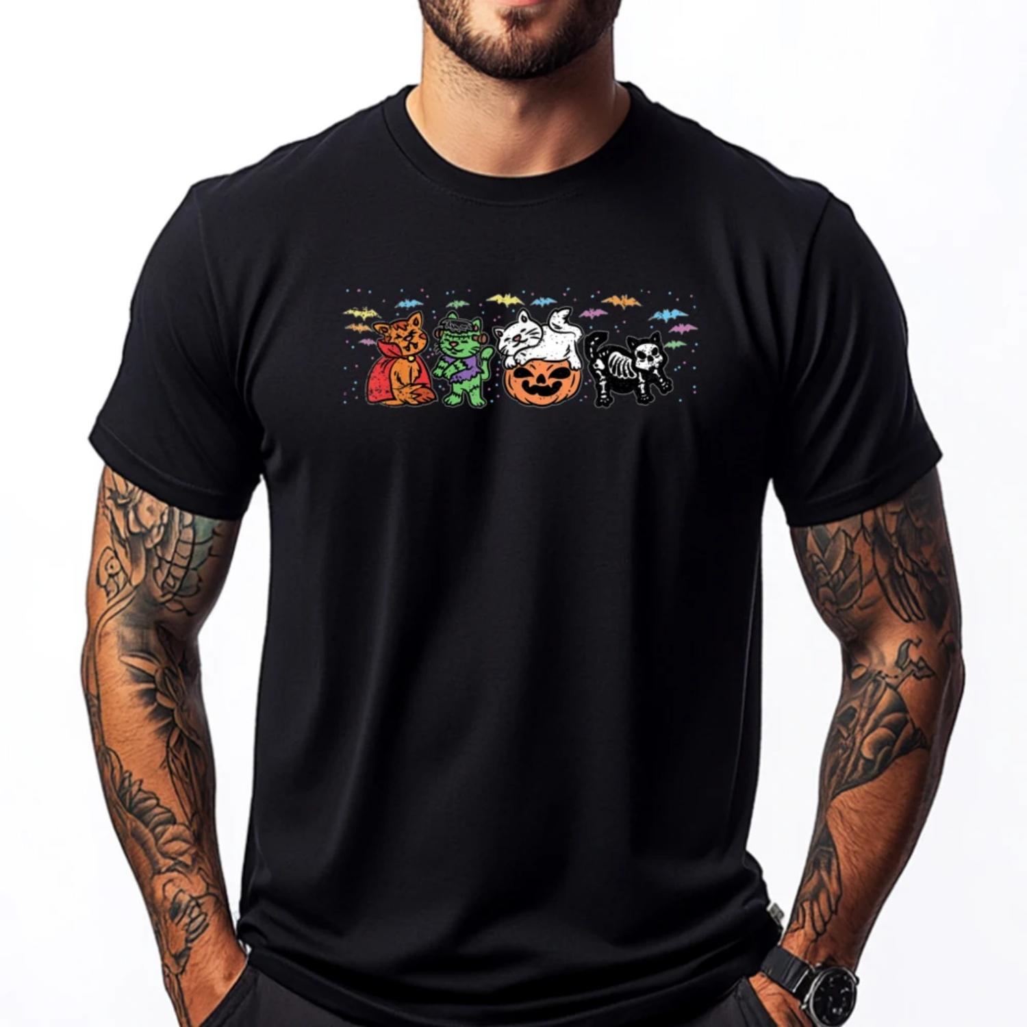 

Cat Halloween Monster Costume Kitten Pumpkin Skeleton Cotton Graphic Tees Short Sleeve T-Shirt Chinese Style S чёрный