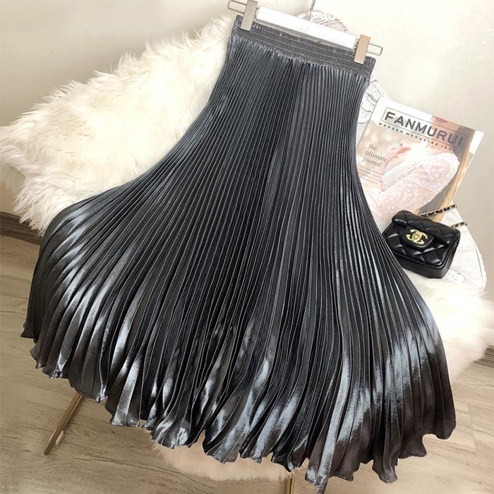 Women Reflective Bright Satin Long Skirt with Solid Color Pleated A-Line Skirts for Fall