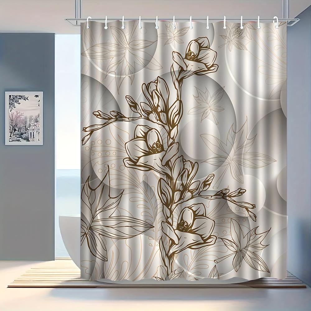 1Pc White And Grey Leaf Patterned Shower Curtain, Polyester Fabric, With Hooks, Suitable For Bathroom Dcor.