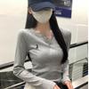 Elegant Korean Half-Open Collar Long-Sleeve Women's T-Shirt with Chic Embroidery Design for Autumn 2025