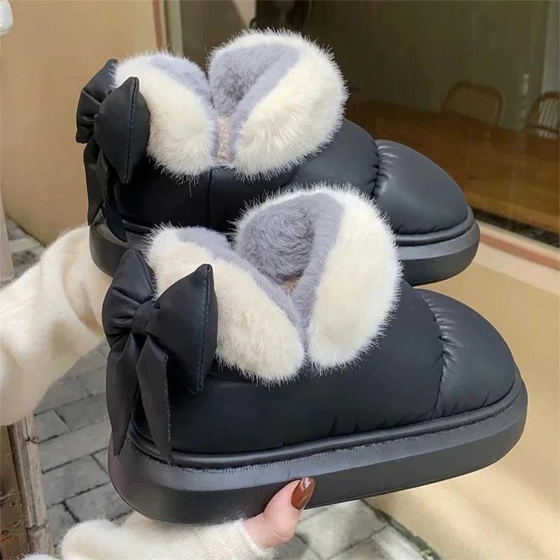 Stivali da neve da donna, invernali, caldi e spessi, alla caviglia, antiscivolo, con fiocco in pelliccia, scarpe in cotone, comodi, impermeabili, in peluche