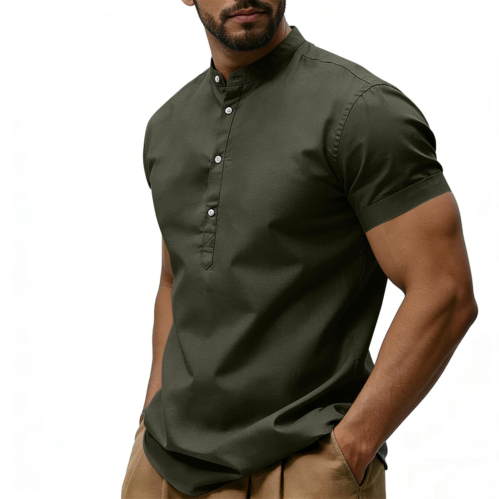 Men s Casual color Vneck Shortsleeved Tshirt Cotton And Linen Blend Casual Top With Decorative Buttons M 1760₽