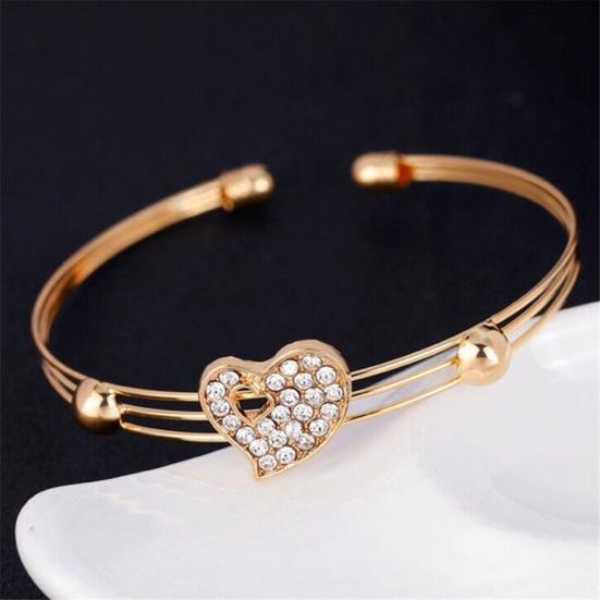 4 Pcs/Set Women Jewelry Heart Shape Rhinestone Inlay Golden Color Shiny Lady Bracelet Ring Set for Wedding