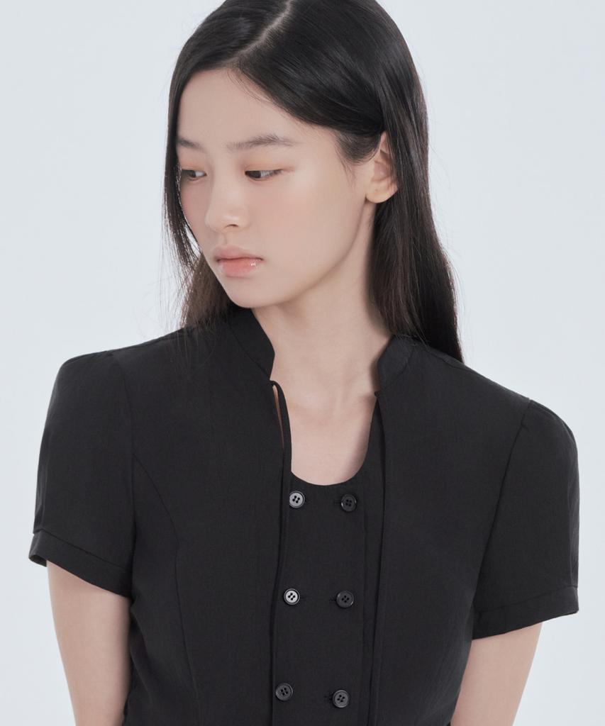 Mausolleum String Tie Double Button Blouse - Black