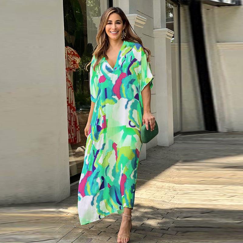 

Летнее длинное платье макси с принтом 2024 - Женская мода, короткий рукав XXL