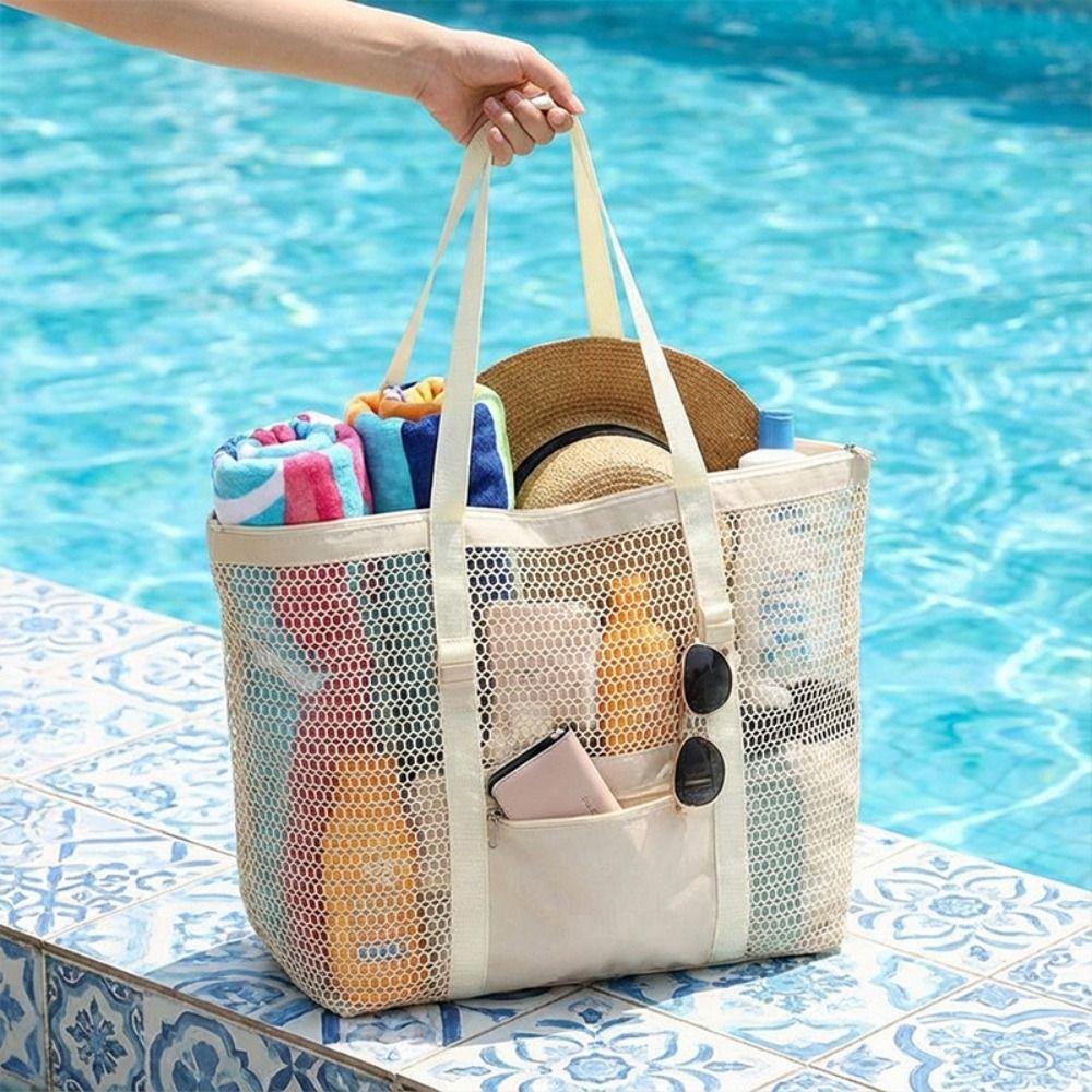 Nylon Mesh Beach Bag Zipper Mesh Handbag Soild Color Toiletry Storage Bag  Travel