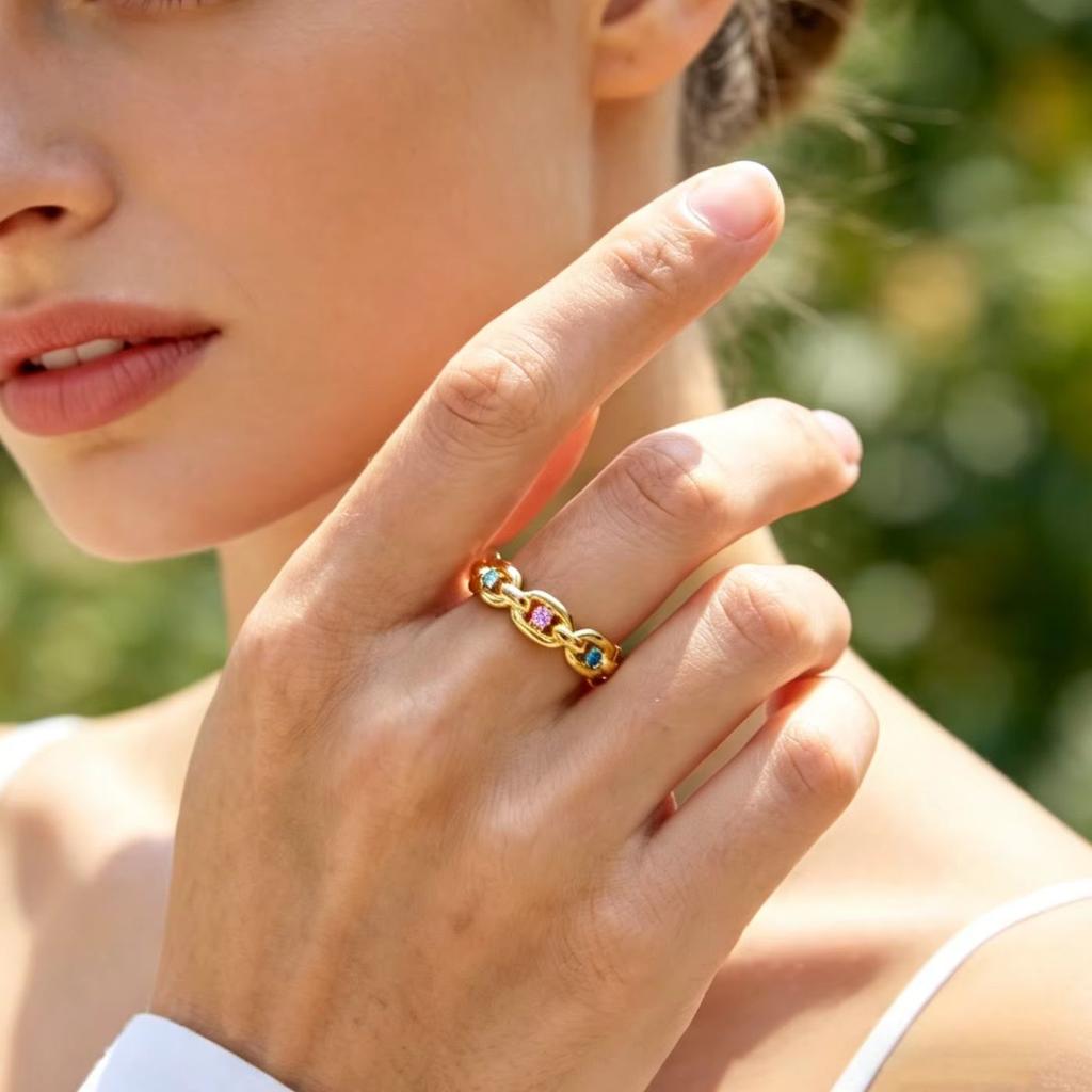 Delicate Colorful Cubic Zircon Ring for Women, Stainless Steel Thick Link Chain Ring, Gold Color Fashion Waterproof Jewelry Gift