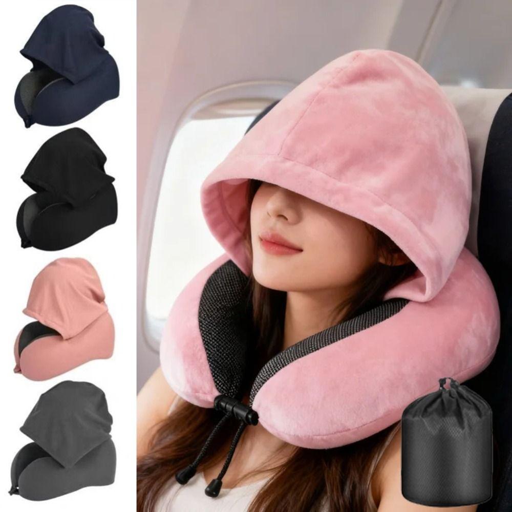 Washable Cover Travel Neck Pillow Adjustable Hooded Pillow U-shaped Pillow with Cap  Outdoor Travel