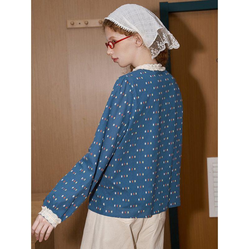 Coolhut Blue Loose-Fitting Lace Design Long-Sleeved Embroidered Printed Sweet Women's Shirt with Artistic Niche Style