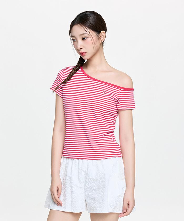 Emelbi Women'S Varsity Striped Off-Shoulder Slim Semi-Crop Short Sleeve T-Shirt Phi (Neon Red)