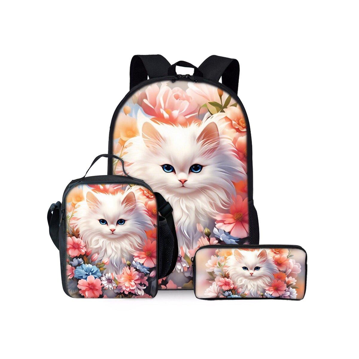 Bloem Zwarte Kat Print Drie Delige Rugzakken Set voor Jongens en Meisjes Beste Cadeaus 2D Platte Cartoon Schooltas voor Kinderen