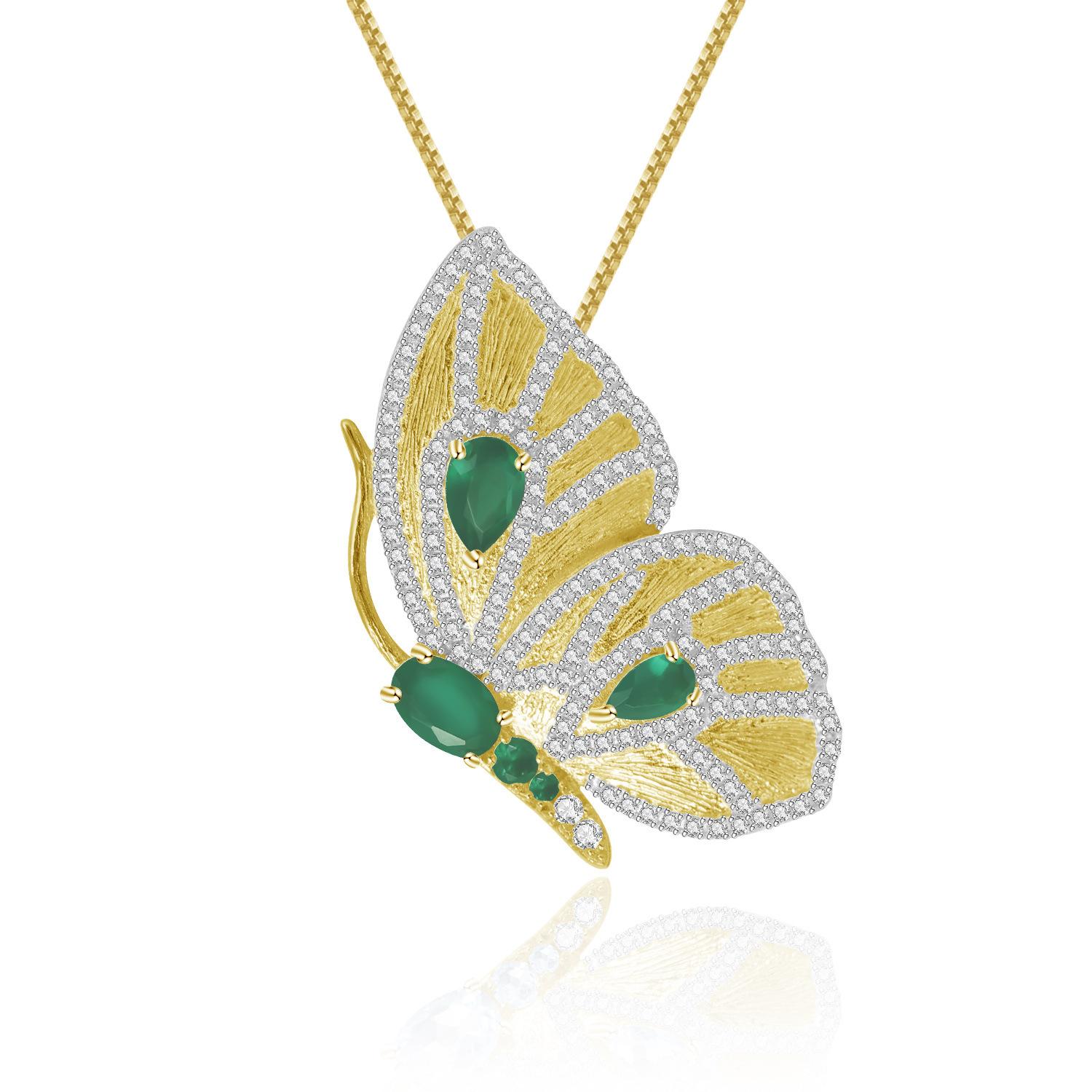 TIANSHE New Chinese Style Vintage Design Gold Butterfly Brooch Pendant High-end S925 Silver Green Agate Pin Jewelry 925 Silver