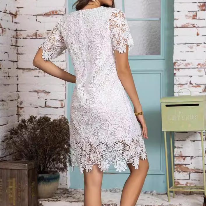 2026 Summer Women's Solid Color Lace A-Line Dress, Short Sleeve, Round Neck