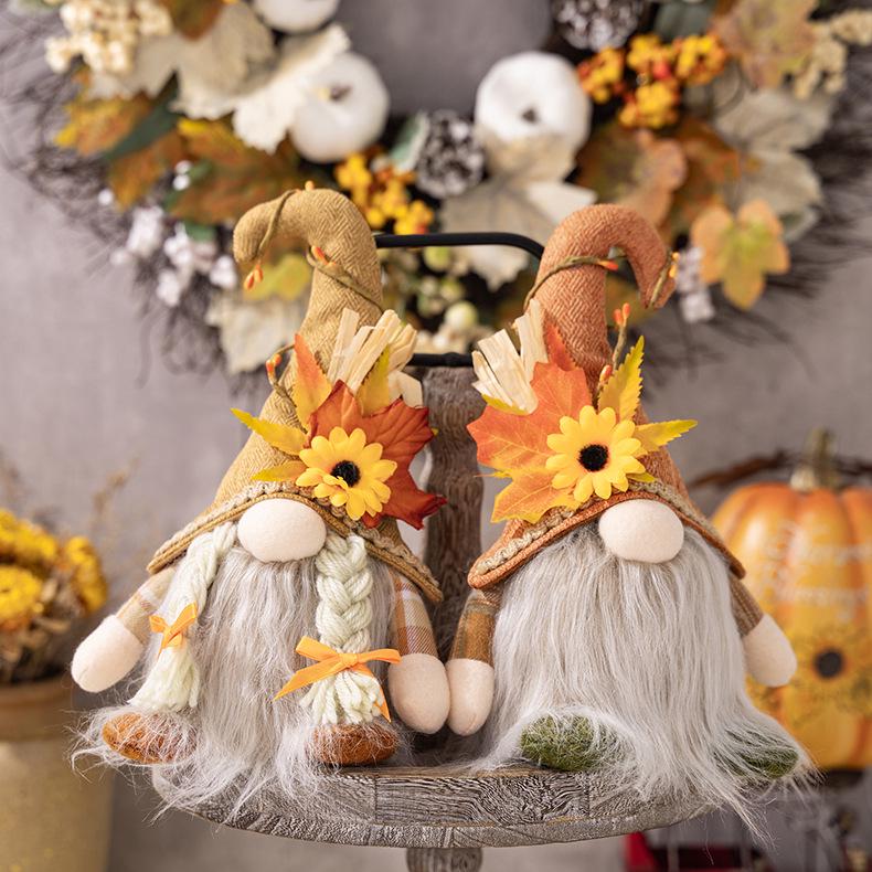 Haobei Thanksgiving Harvest Decor: Maple Leaf & Sunflower Beanie with Rudolph Light-Up Gnome