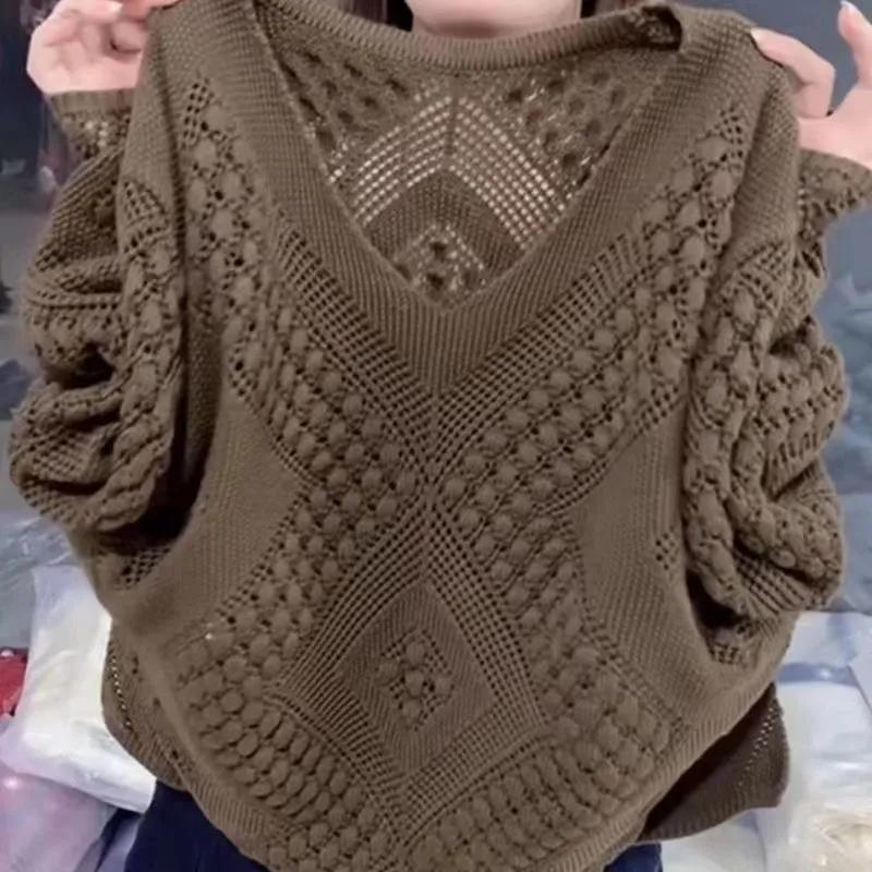 

Женский трикотажный топ с длинным рукавом, V-образным вырезом, свободного кроя, с ажурной вязкой, осенний однотонный повседневный свитер XS кофейный