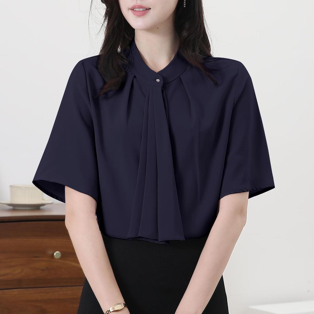 Shirt Blouse for Short Body Office Going Summer [Yino] Women, Sleeve, Bowtie, Drape, Ribbon, Covering, Slimming, Stylish, Neat, Feminine, Adult, Cute,