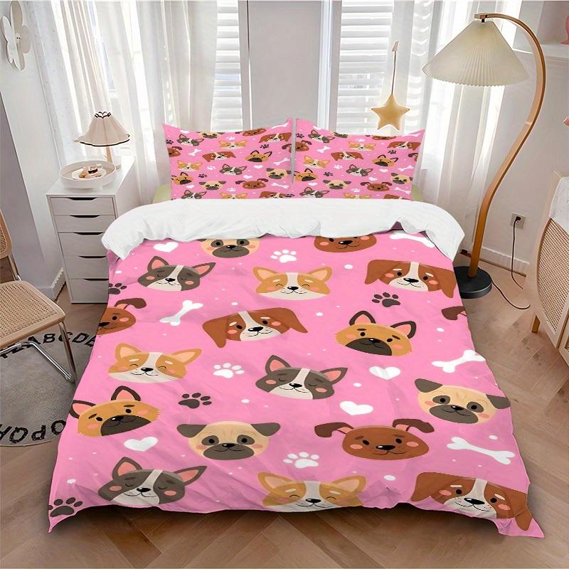 

3pcs Dogs Pink Bedding Cover Set, Fashion Classic Popular Print Bedding Set, Soft Comfortable, All - Season Use, For Bedroom, Guest Room098 135x200cm