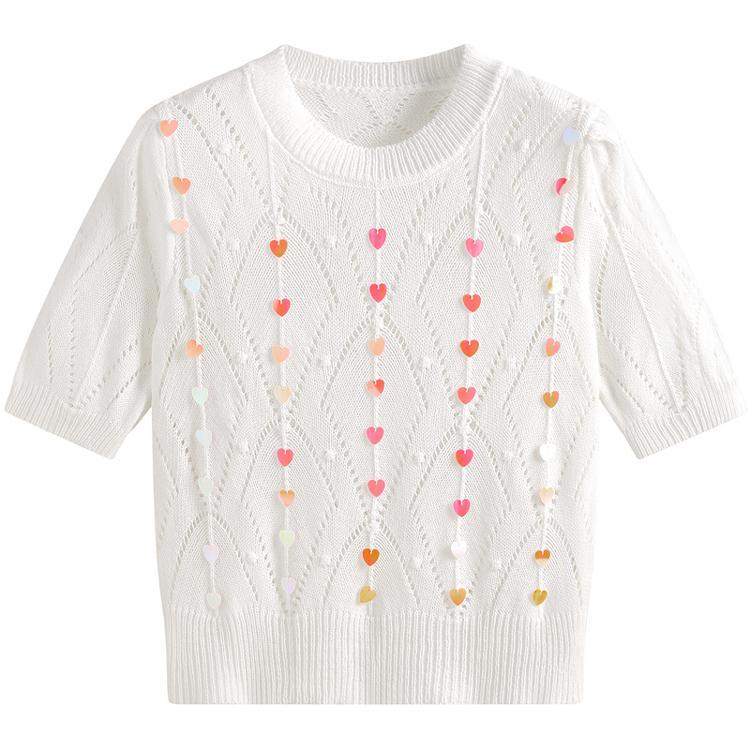 Летний женский вязаный свитер с блестками в форме сердца для девочек, пуловер, джемпер, топы One Size белый