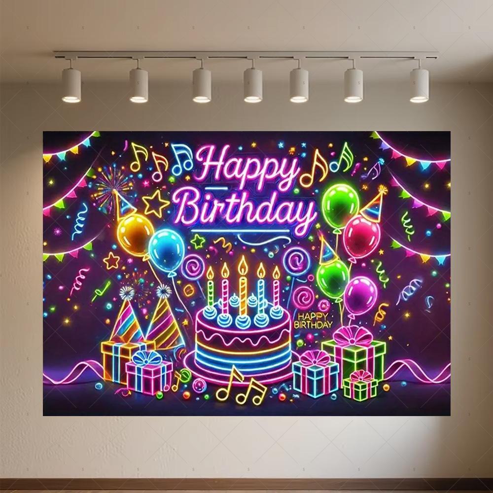 Glitter Happy Birthday Background Banner Glow Neon Dance Carnival Party Decorations Colourful Backdrop Supplies Photography Prop