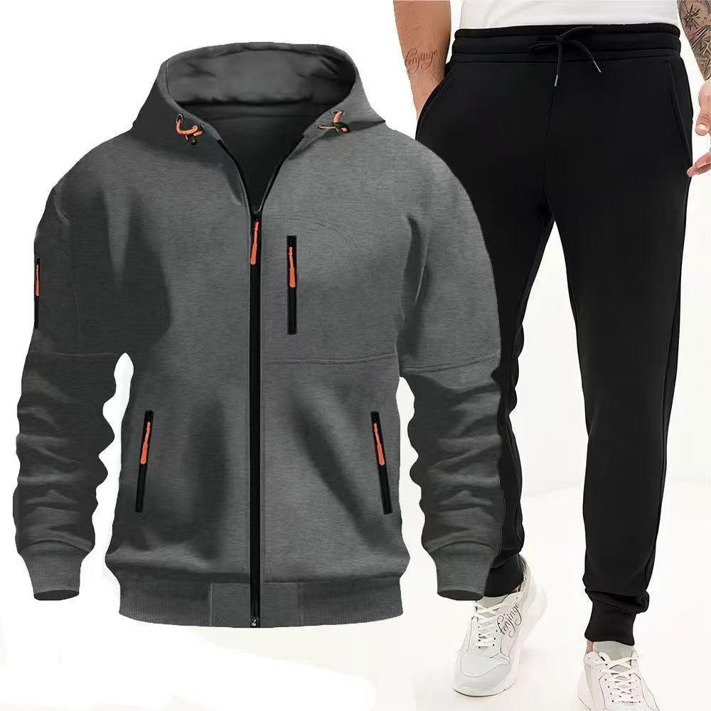 2025 Men's Plus Size Hooded Zip-Up Sports Hoodie & Jogger Set for Autumn/Winter