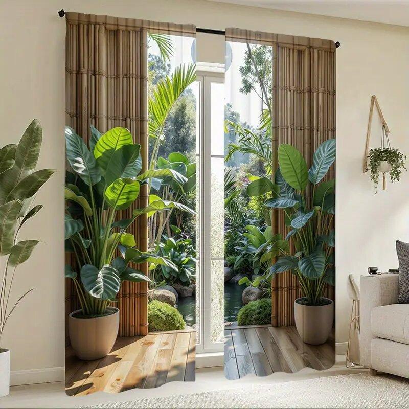 Bamboo leaf and green plant printed curtains are suitable for bedrooms and living rooms, home decoration, and Christmas