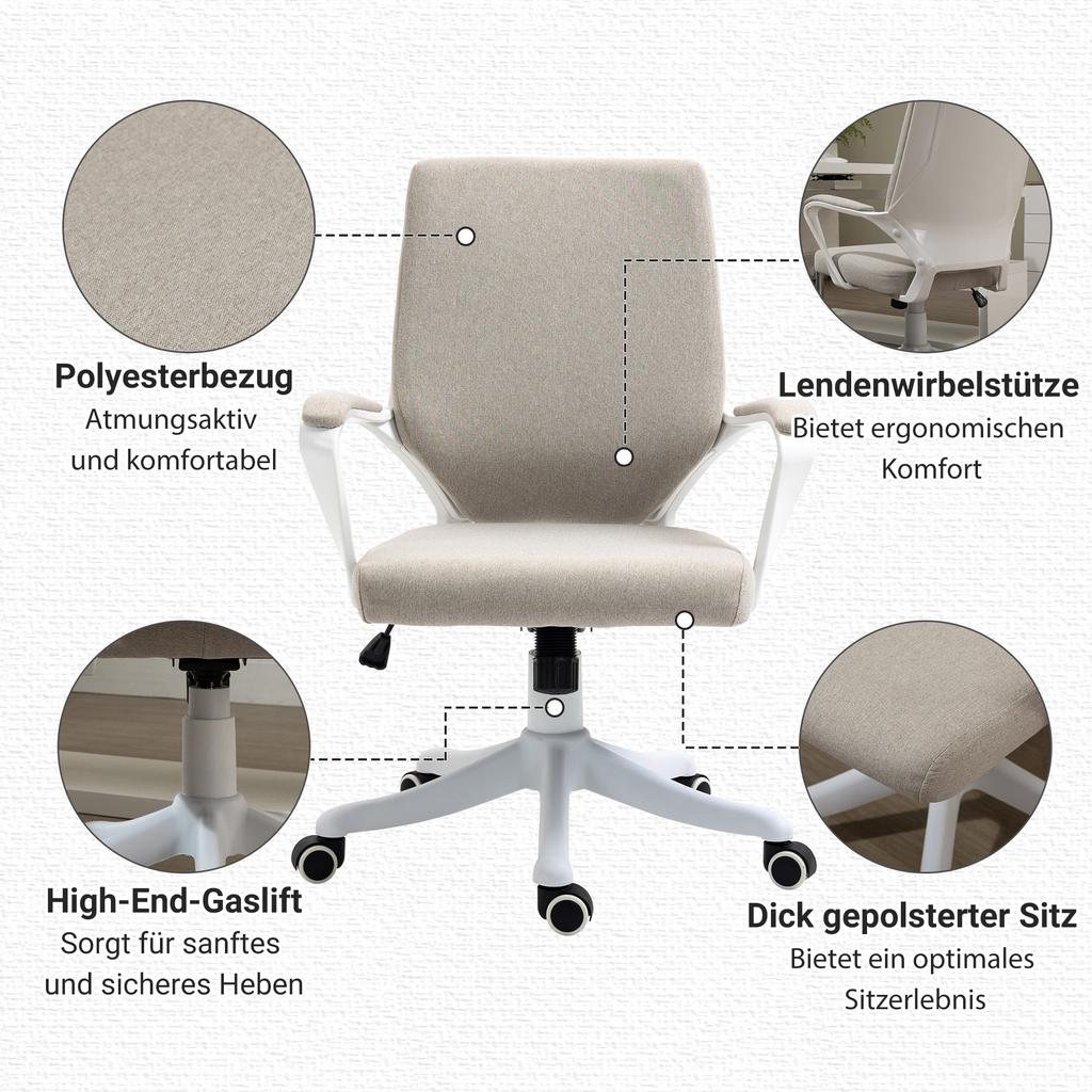 Office Chair Ergonomic Desk Chair with Armrest, Height-Adjustable Swivel Chair with Tilt Function, Linen Look, Padded Computer Chair, Beige+White