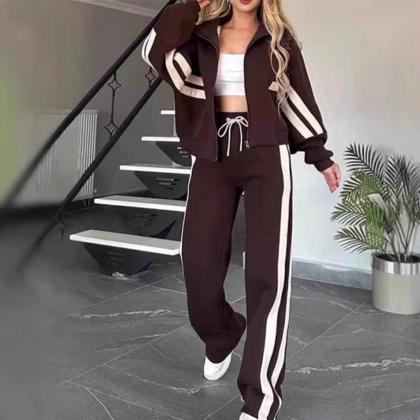 Spring/Fall Striped Zipper Top Women's Casual Sports Set