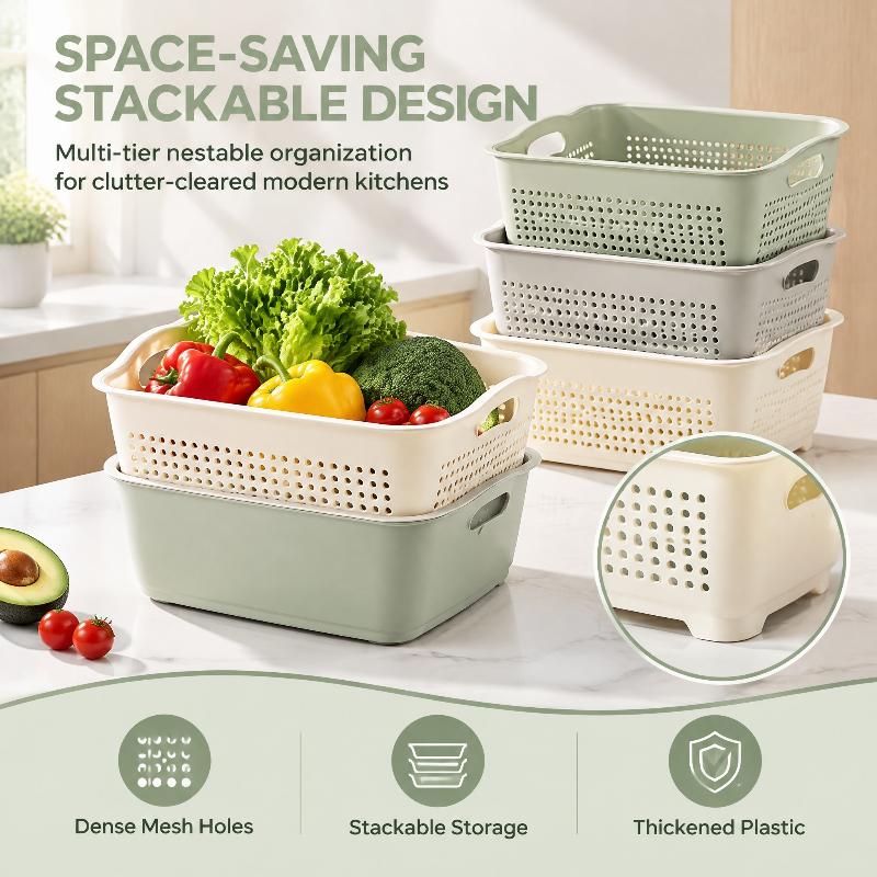 Food Grade Plastic Dual Layer Drain Basket Fine Drain Holes Kitchen Colander Set For Washing Fruits& Vegetables
