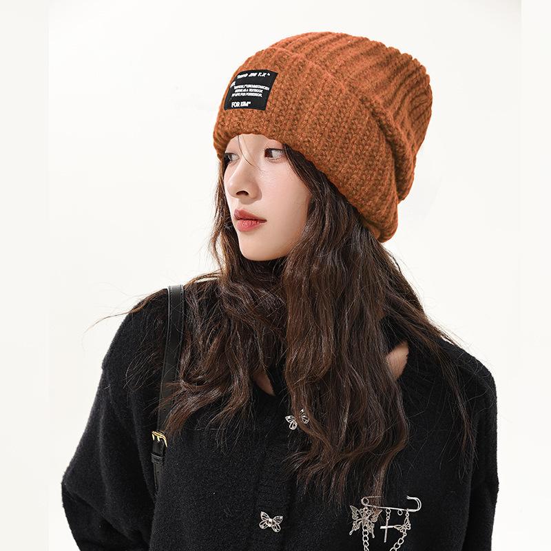 Hat Women's Autumn and Winter Trendy Patch Letter Wool Hat Men's Loose Big Head Circumference Warm Versatile Knitted Hat