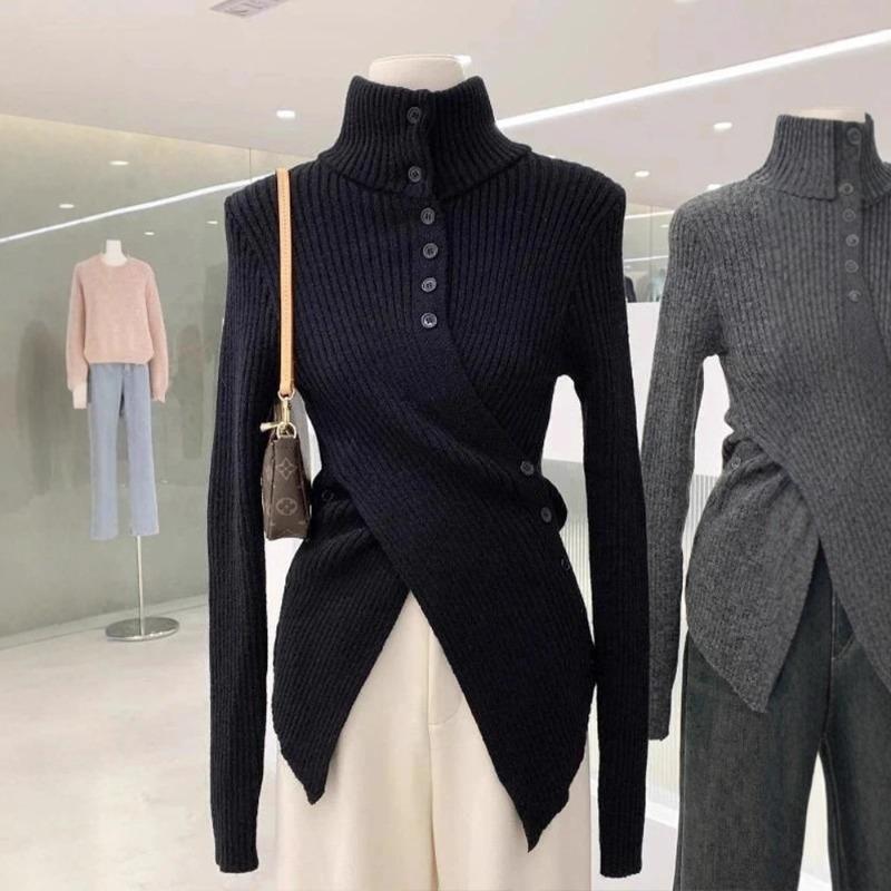 Grey Turtleneck Cashmere Knitted Bottoming Shirt Women's Irregular Waist Sweater In Autumn and Winter with Split Top