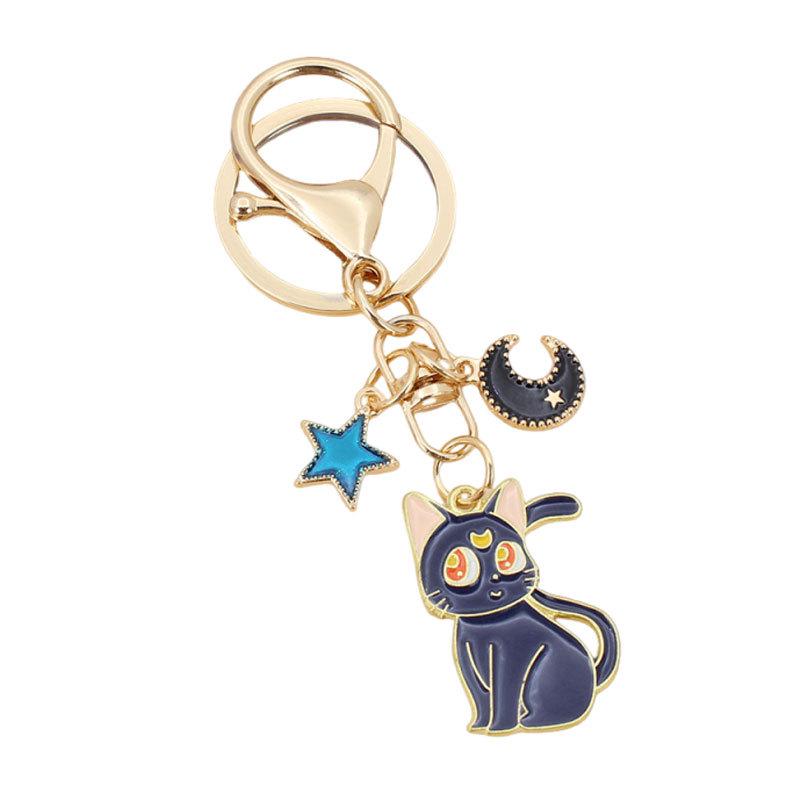 Derpy Moon Cat Keychain Pendant with Star Charm - Cute Kitten Bag Accessory