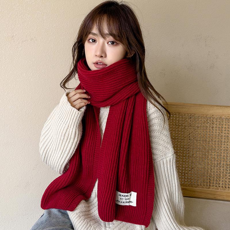 Autumn and winter versatile warm solid color knitted scarf female Korean version student red advanced sense thickened couple wool scarf