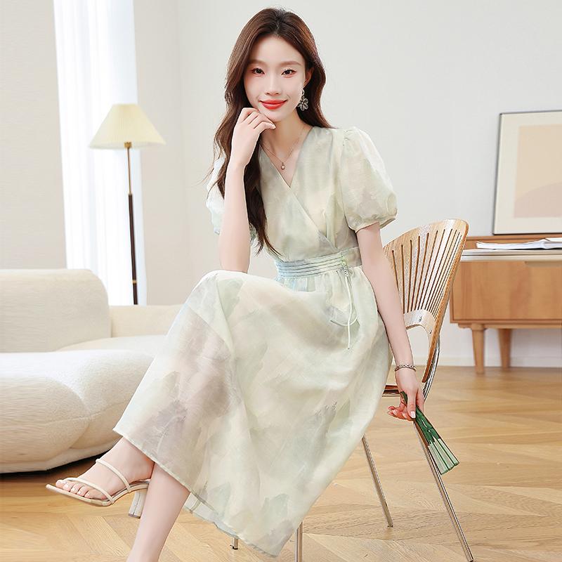 Fashion High Waist Summer Dress Floral Print Chinese Style Midi Short Sleeve