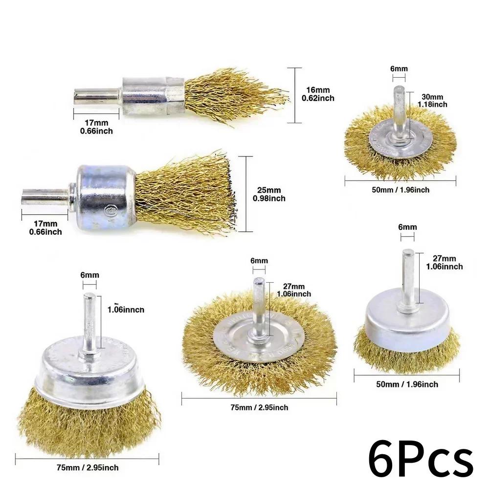 6Pcs Wire Brush Shaft Grinding Wheel Rust Removal Polishing Electric Grinder Drill Accessory
