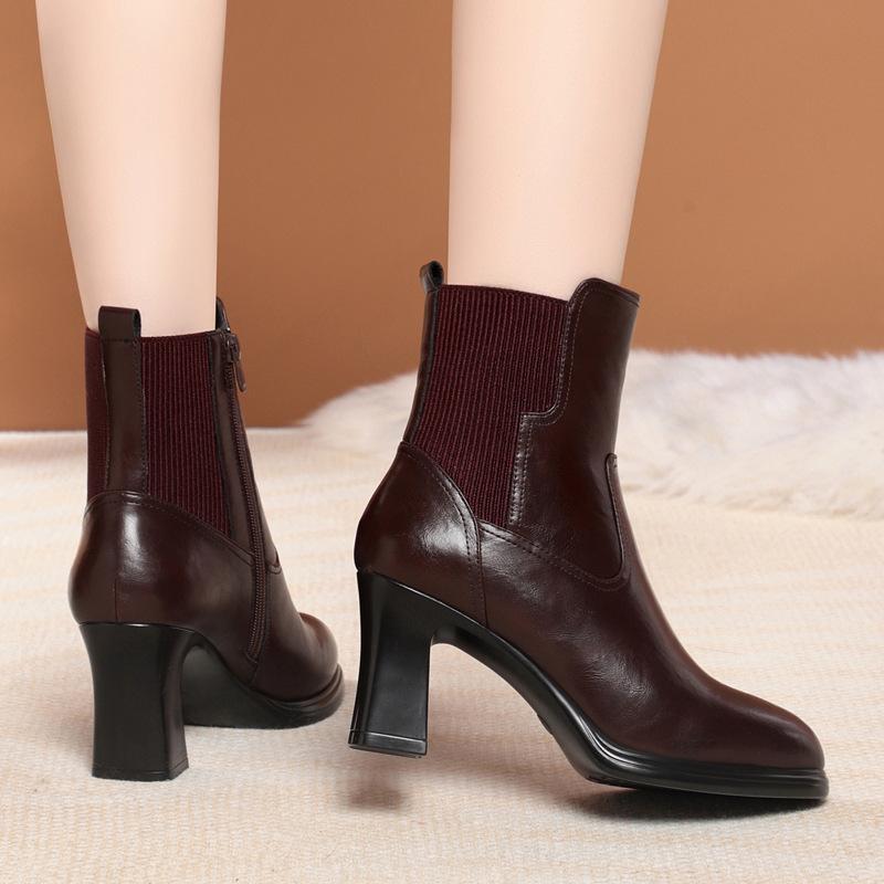 High-heeled Small Short Boots Women's Velvet Leather Shoes Soft Leather Thick-heeled Mother Cotton Shoes Versatile Catwalk Boots