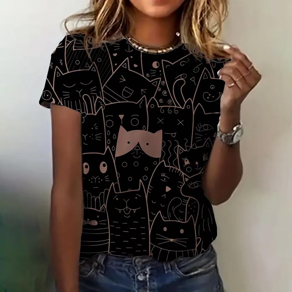 New Women's T-shirt, Summer Cartoon Cat 3D Printed T-shirt, Fashionable Casual Round Neck T-shirt, Women's Short Sleeved T-shirt, Elegant T-shirt