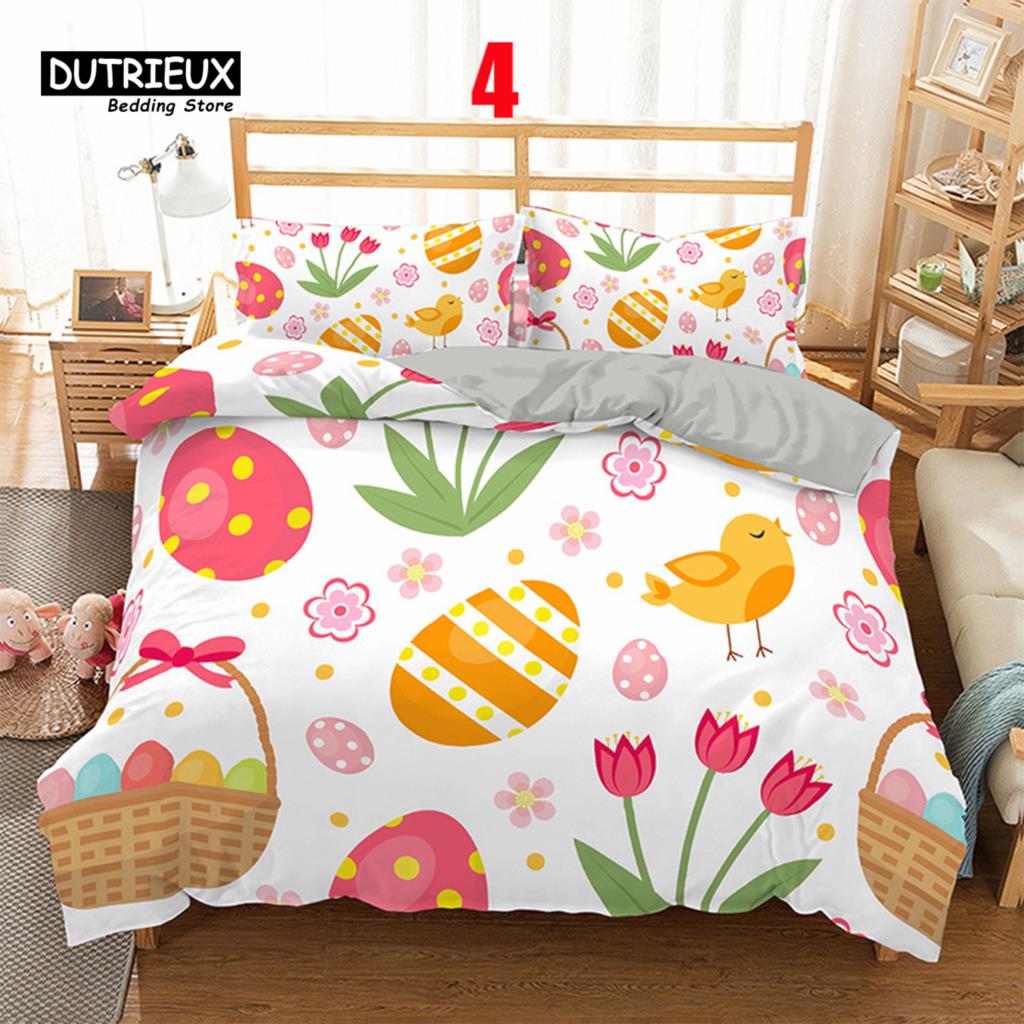 Soft Easter Eggs Bedding Set 3D Print Rabbit Cartoon Eggs Duvet Cover Polyester Pillowcase Greetings and Presents For Easter Day