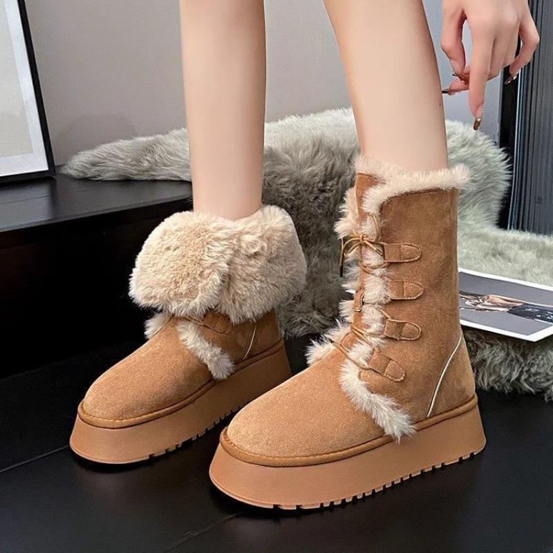 Thick-soled Shoes, Snow Boots, Women's Lace-up, Fleece, Thickened Cotton Shoes, Mid-calf Cotton Boots