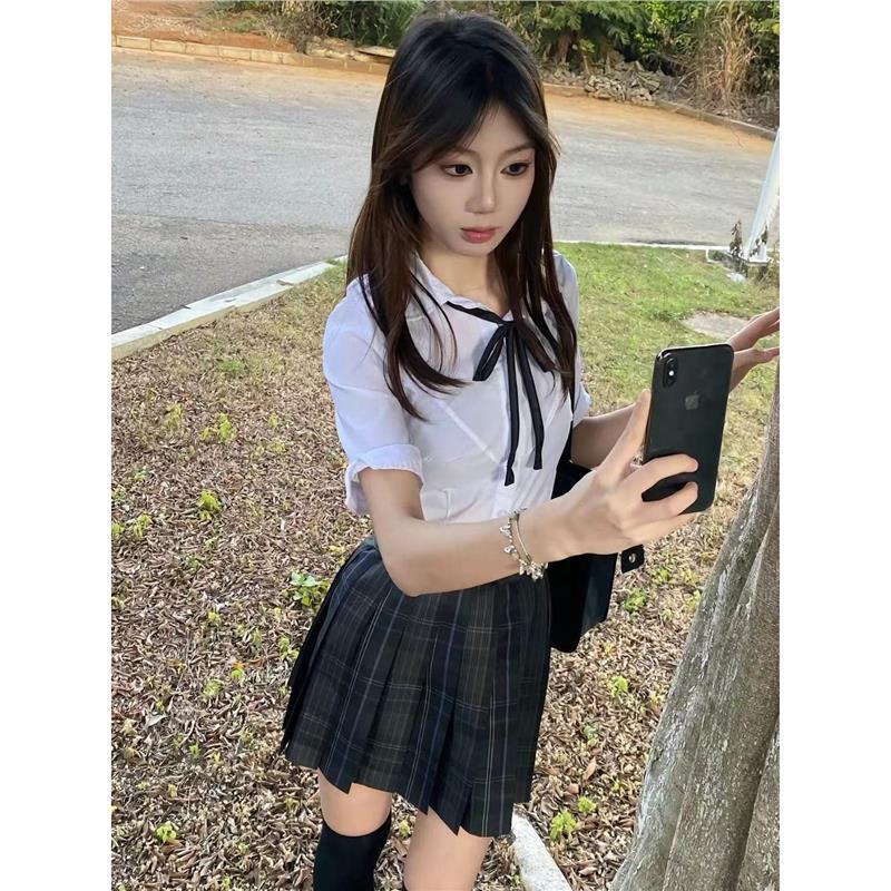 Summer Waist-Cinching Short-Sleeve Shirt & Versatile Plaid Skirt Set: Sexy & Slimming JK Style