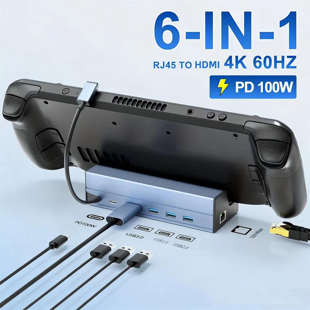6-in-1 Steam Deck Dock Deck/Rog Ally Docking Station Stand USB 3.0 HDTV 4K@60Hz Gigabit Ethernet PD 100W Hub