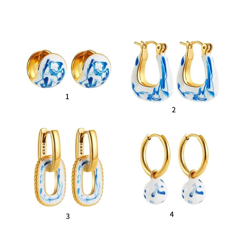 User Friendly Ceramic Ear Clip Blue Floral Pattern Dangle Earring Sturdy Copper Material Office And Casual Accessory
