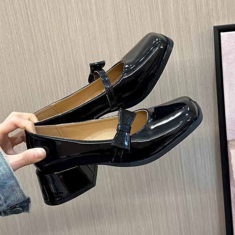 Spring Summer New Coarse Heel Women's Shoes Simple Comfortable Versatile Daily Single Shoes Butterfly Bow Shoes